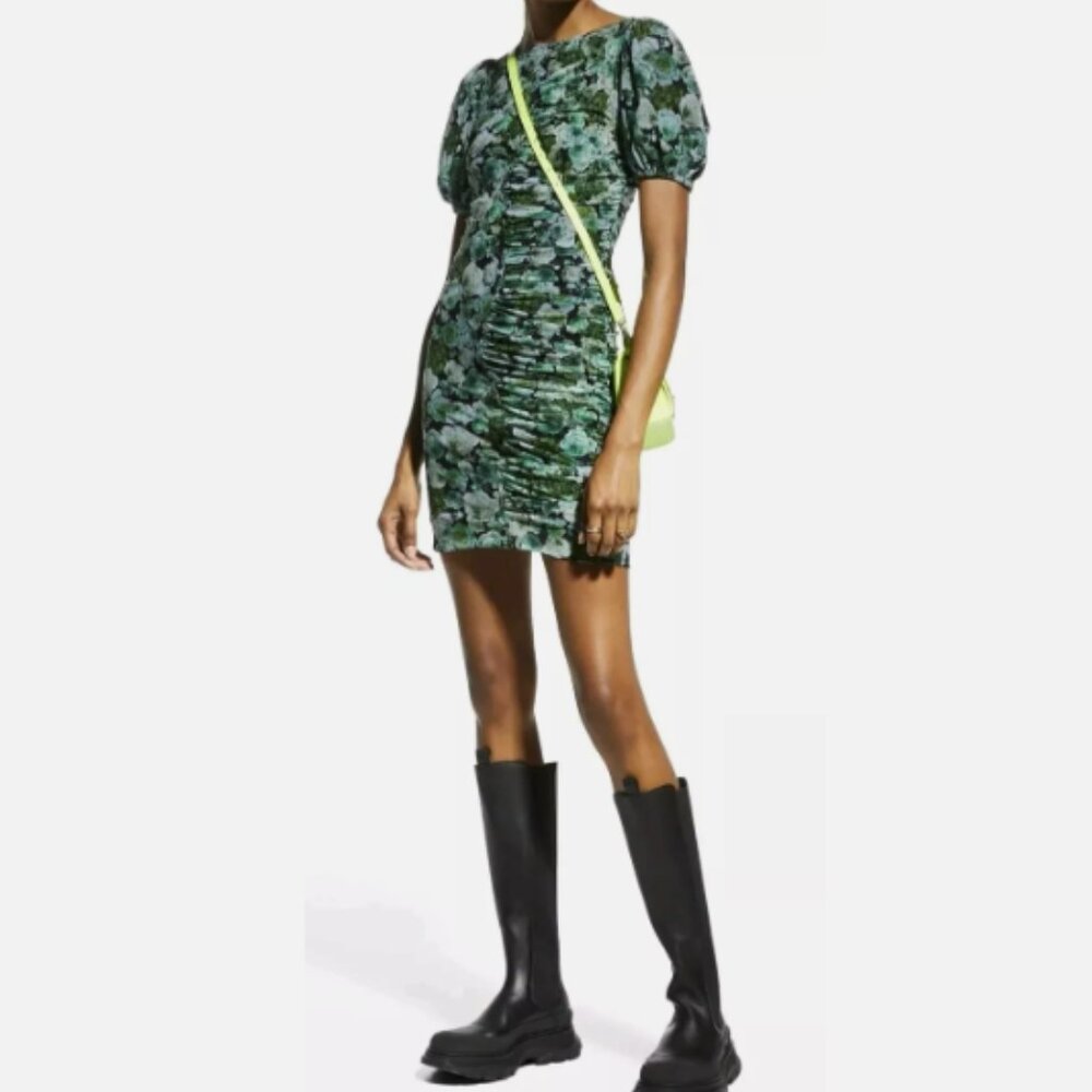 GANNI Kelly Green Floral Print Ruched Mesh Short Sleeve Mini Dress EU44 US14 NWT